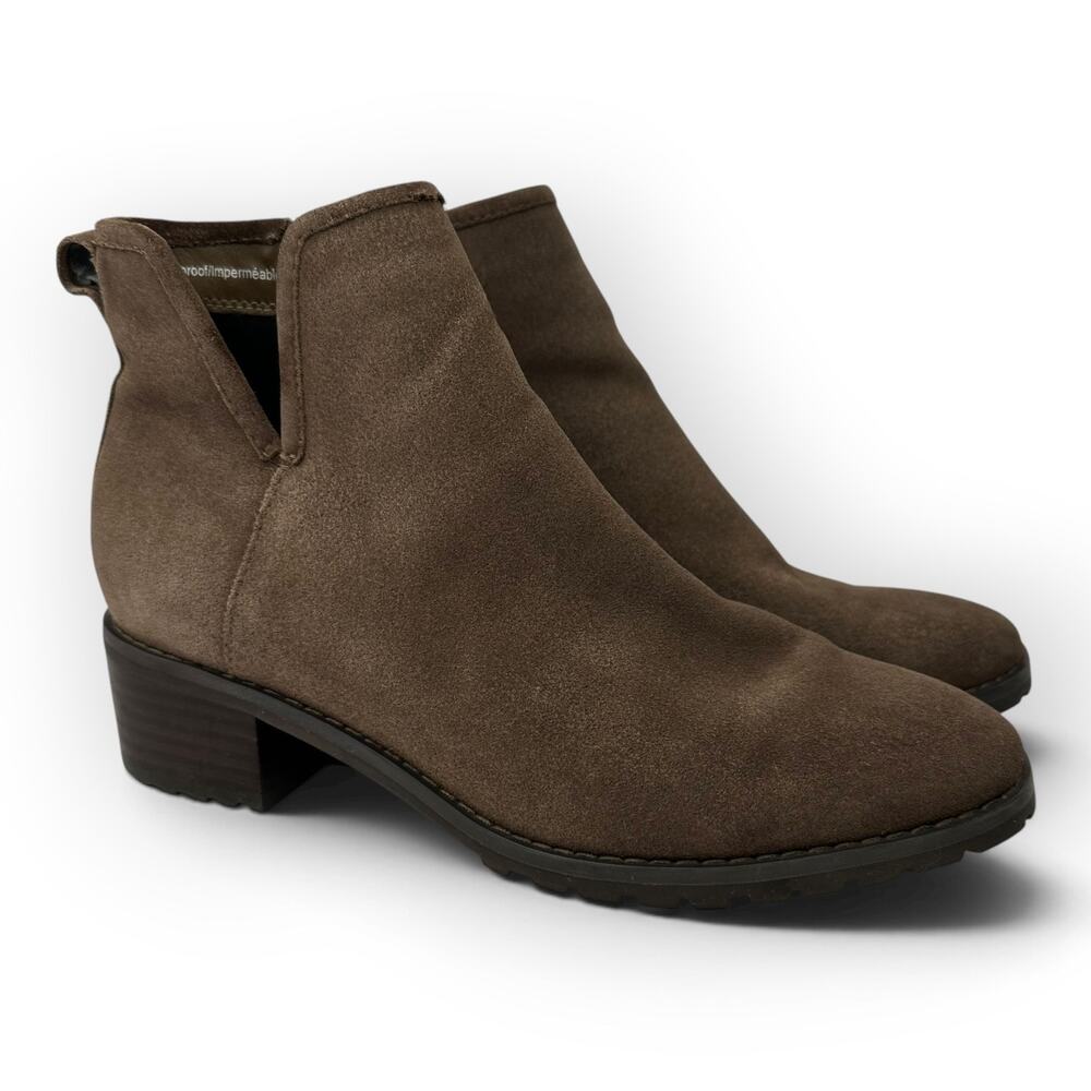 Blondo Waterproof Taupe Suede Ankle Boots Block Heel Back Zip Size 7.5